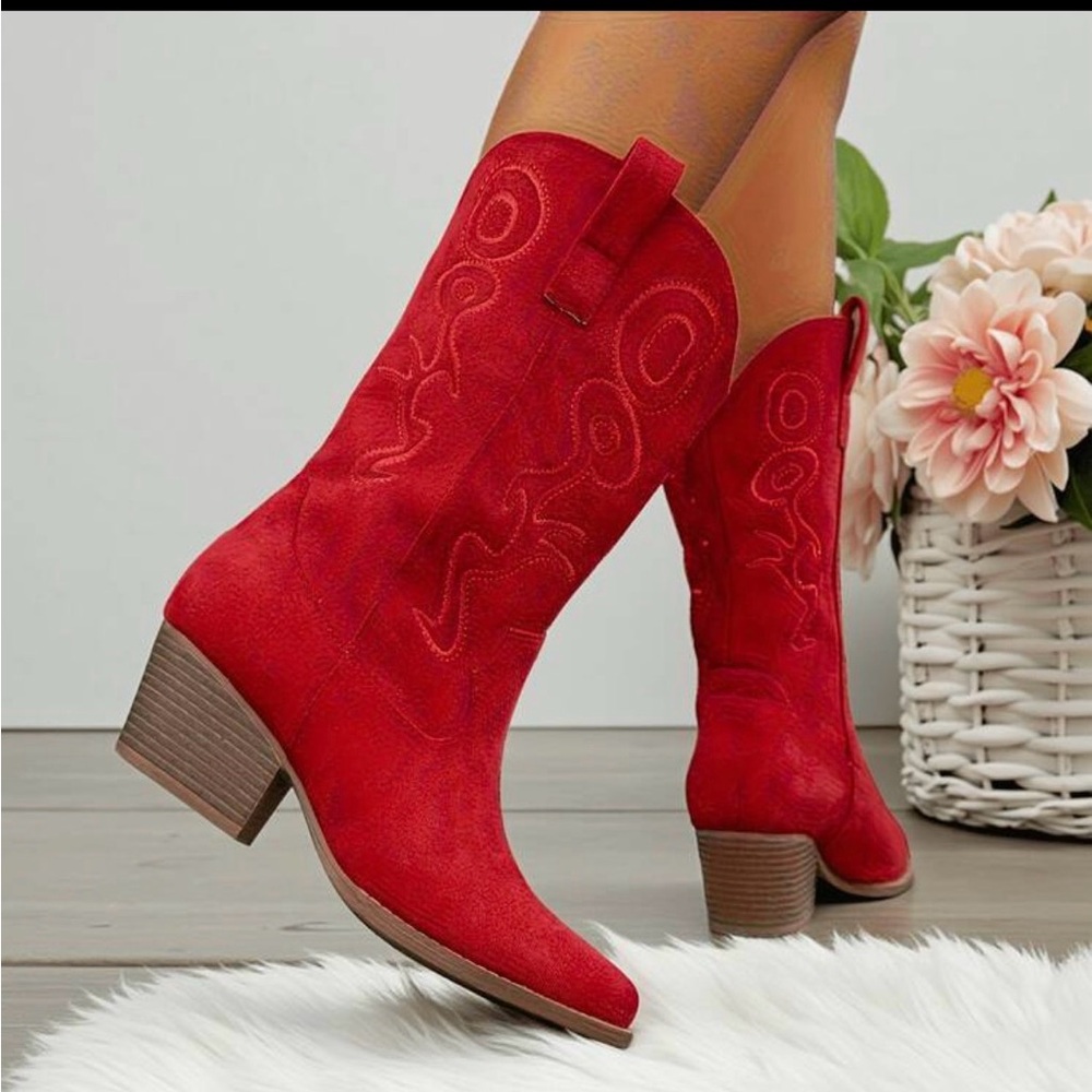 Vibrant Red Western Embroidered Suede Boots